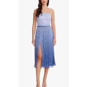 Dress The Population Blue Ombre Strapless Pleated Metallic Midi Dress New